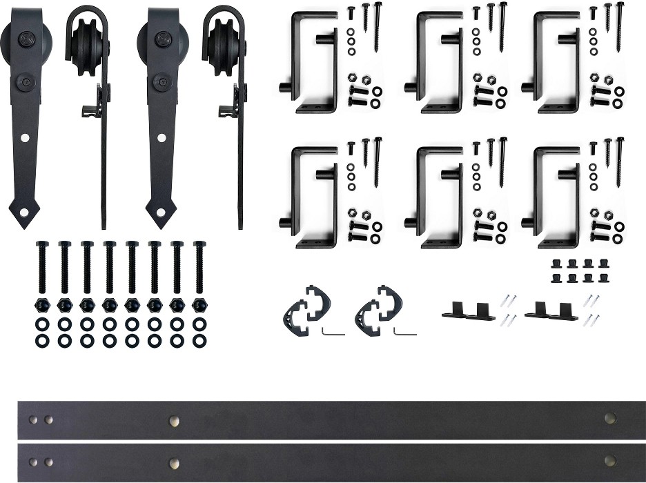 96-in Rustic black Black Indoor Arrow Double bypass Barn door hardware kit