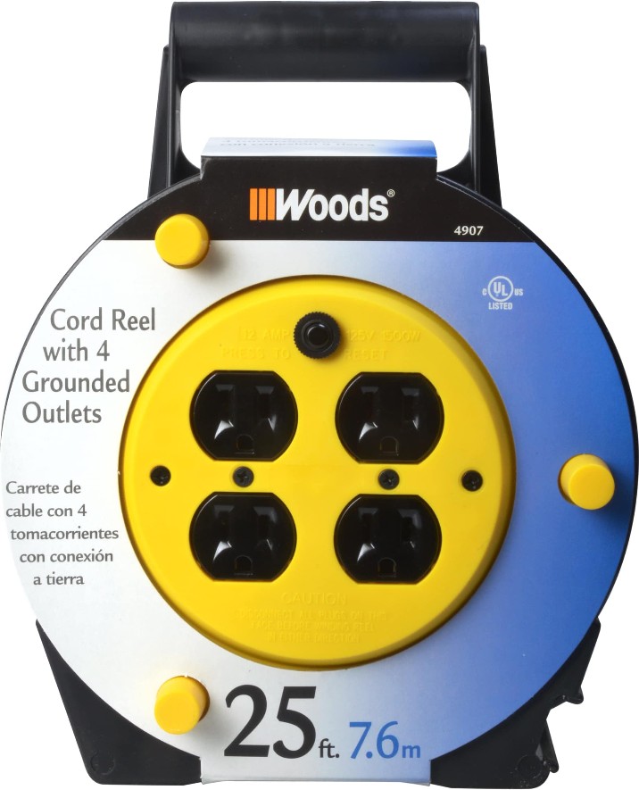 Woods 25-ft 16/3 Multi- Outlet (4) Extension Cord Reel Power Station