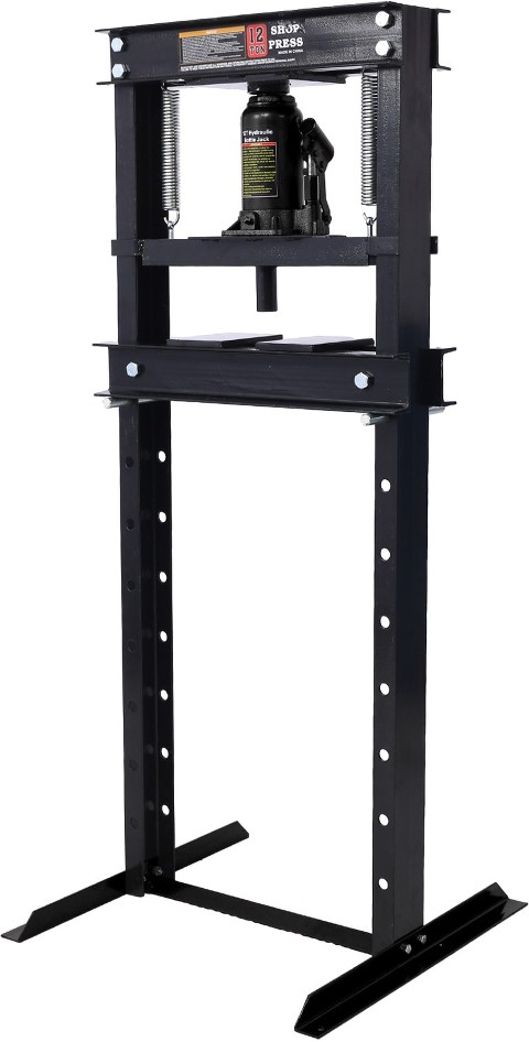 12-ton Capacity Floor Mount Hydraulic Shop Press with Press Plates, H-frame Garage Floor Press, Adjustable Working Table Height, Black