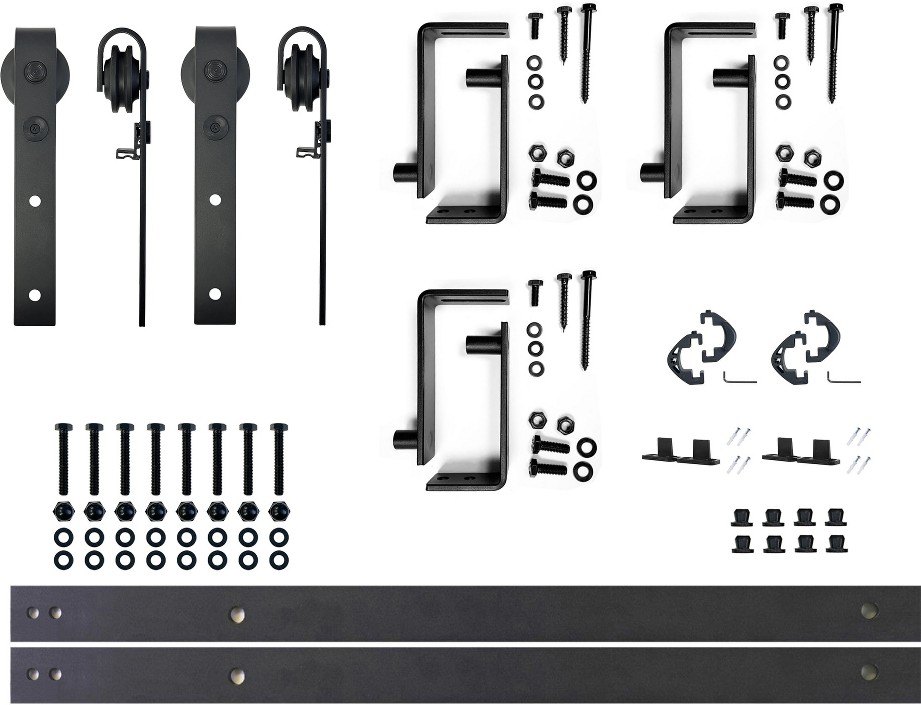 48-in Rustic black Black Indoor J-strap Double bypass Barn door hardware kit
