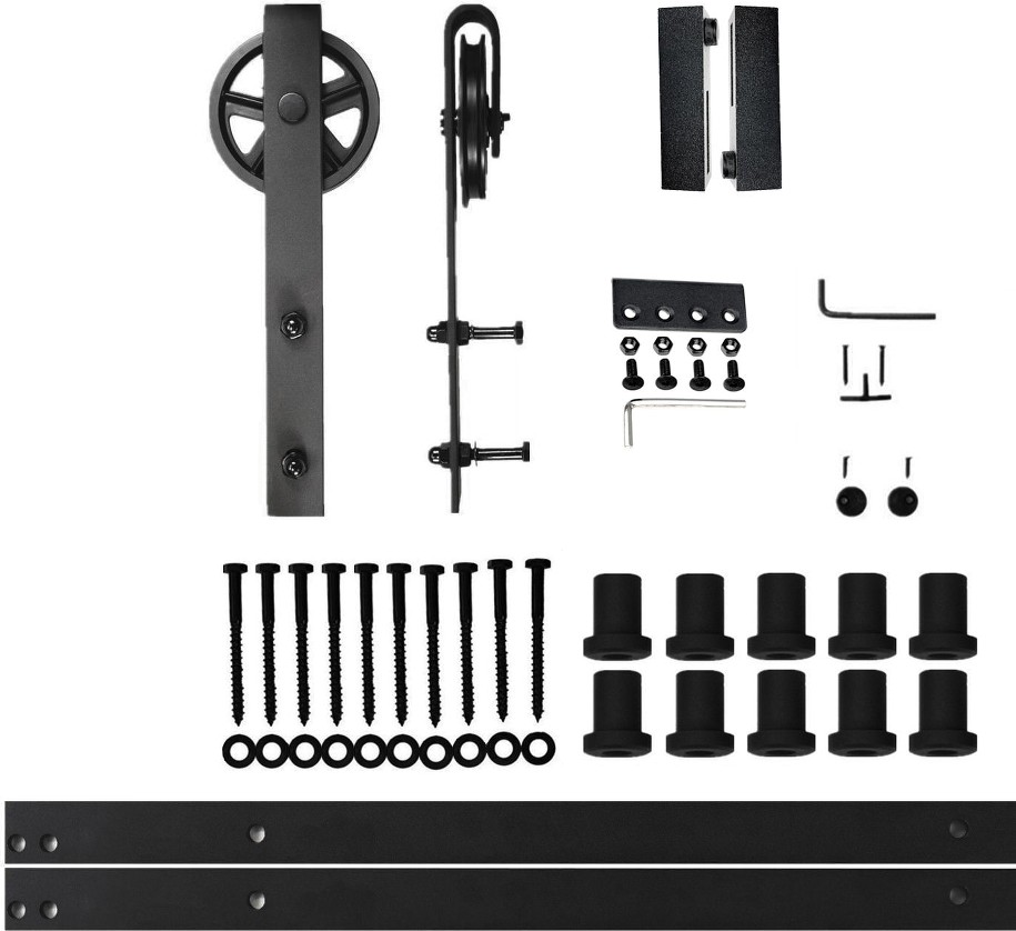 168-in Rustic black Black Indoor Spoke Wheel Single Barn door hardware kit