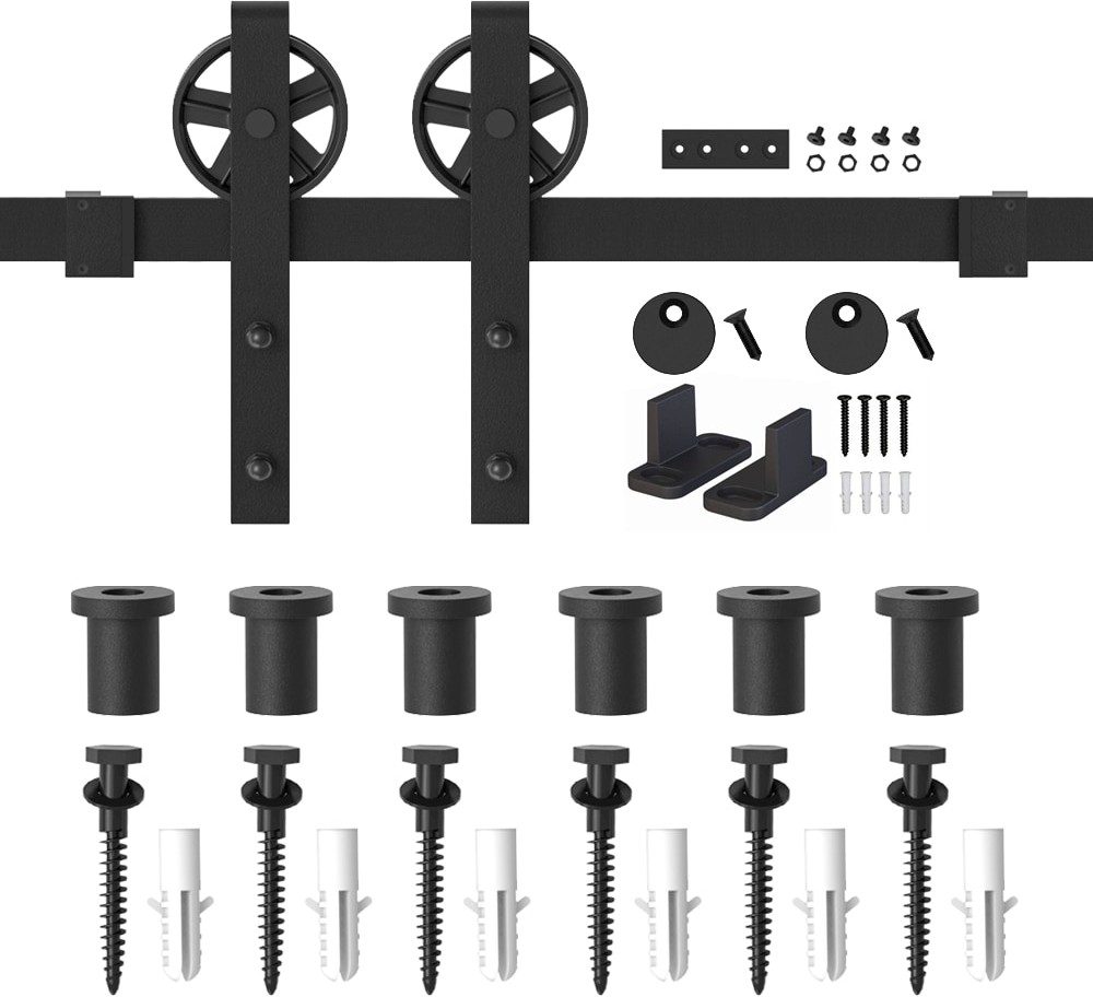 96-in Matte Matte Black Indoor Spoke Wheel Single Barn door hardware kit