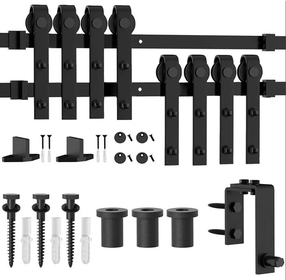 120-in Matte Matte Black Indoor J-strap Double bypass Barn door hardware kit