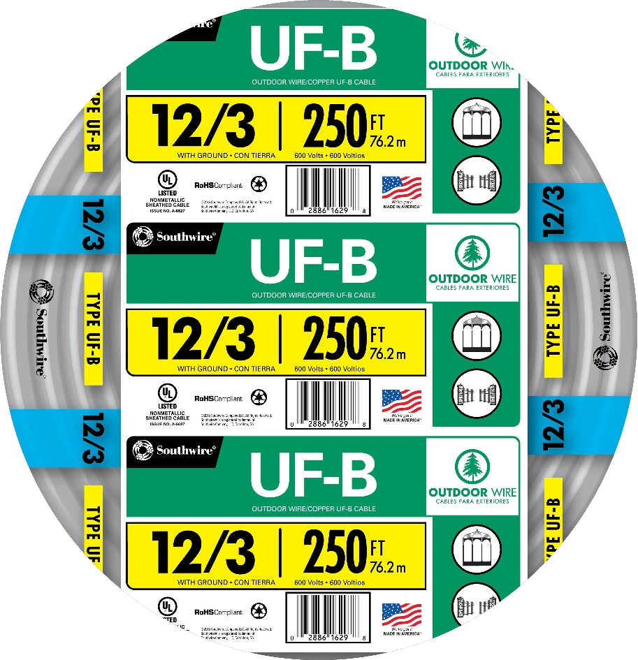 250-ft 12 / 3 Solid UF-B Wire W/G ( By-the-roll )