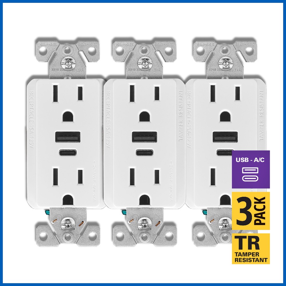 15 -Amp 125-volt Tamper Resistant Residential/Commercial Decorator USB outlet Receptacles , White 3 -Pack