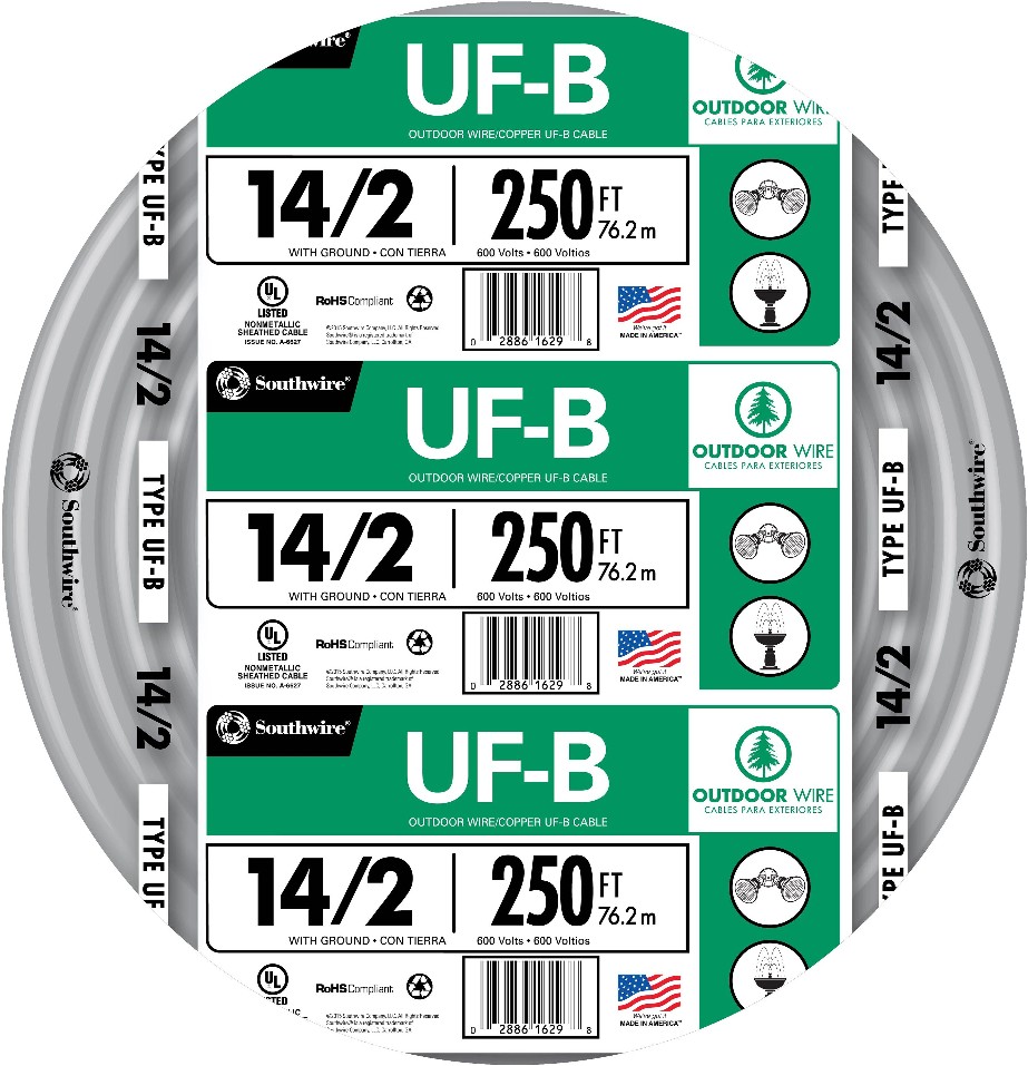 250-ft 14 / 2 Solid UF-B Wire W/G ( By-the-roll )