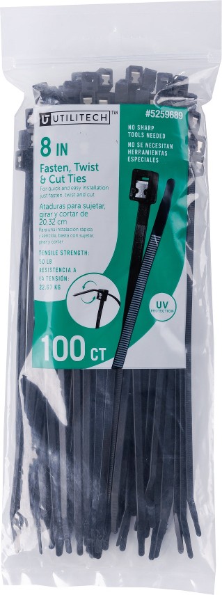 8-in 50-lb Tensile Strength Nylon Twist cut cable ties Black with UV Protection 100 -Pack
