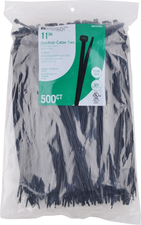 11-in 75-lb Tensile Strength Nylon Standard zip ties Black with UV Protection 500 -Pack