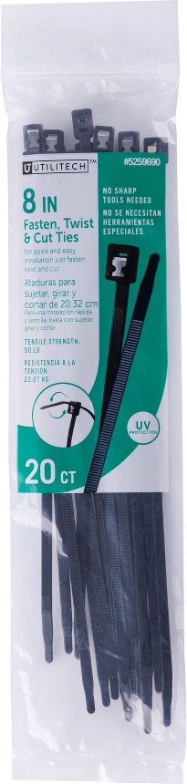 8-in 50-lb Tensile Strength Nylon Twist cut cable ties Black with UV Protection 20 -Pack