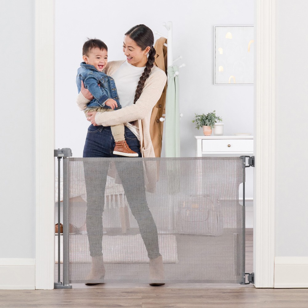 Retractable Gate 50-in x 30-in Hardware Mounted Gray Plastic Safety Gate