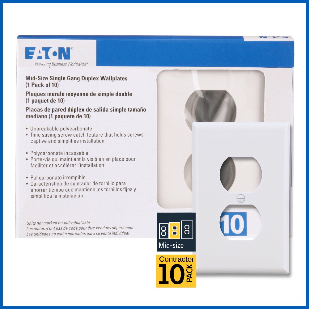 1 -Gang Midsize Size White Polycarbonate Indoor Duplex Wall Plate 10 -Pack
