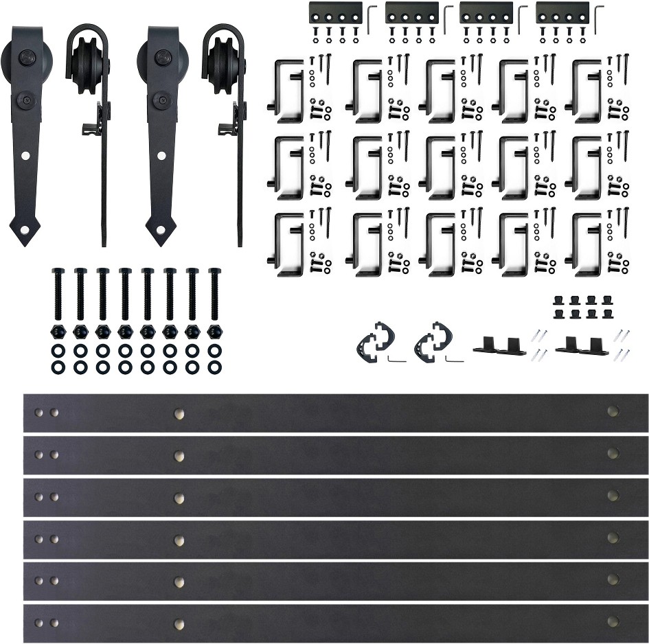 216-in Rustic black Black Indoor Arrow Double bypass Barn door hardware kit