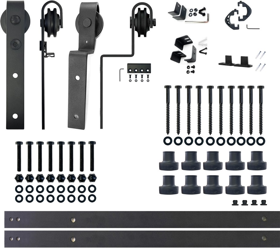 168-in Rustic black Black Indoor J-strap Double bypass Barn door hardware kit