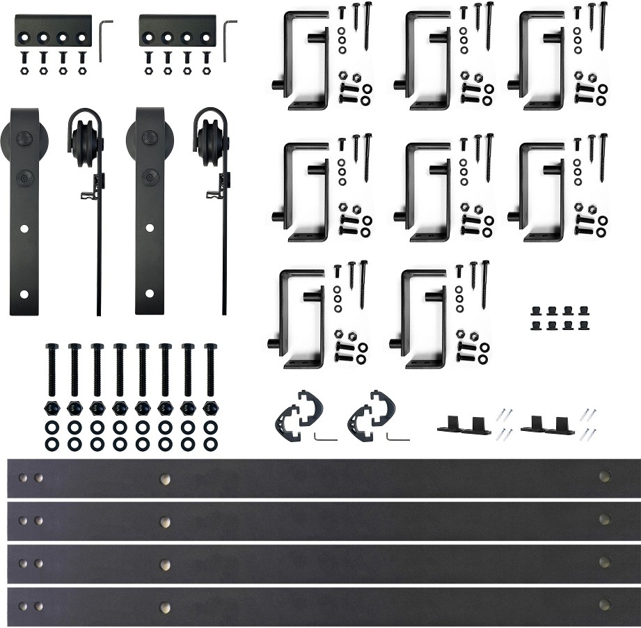 132-in Rustic black Black Indoor J-strap Double bypass Barn door hardware kit