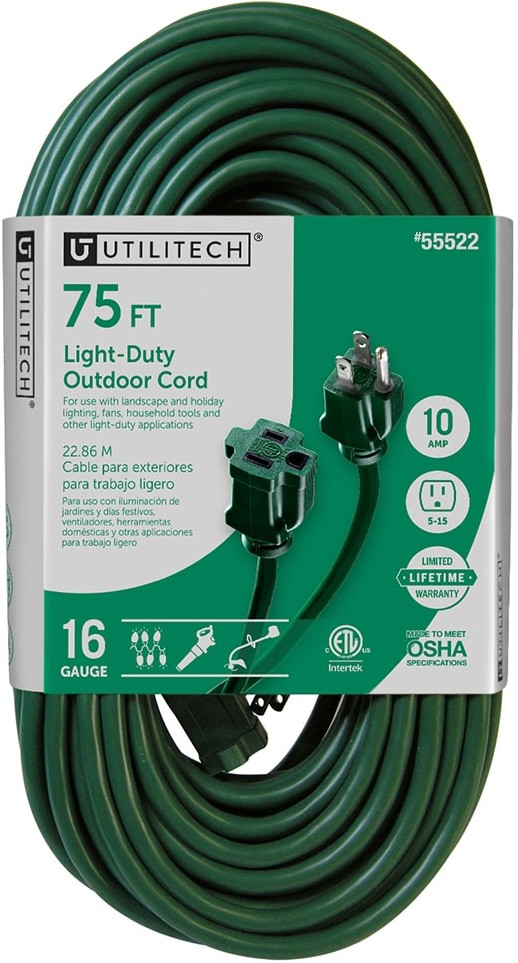 Outdoor 75-ft 16 / 3 3 Prong Green Outdoor SJTW Light Duty General Extension Cord