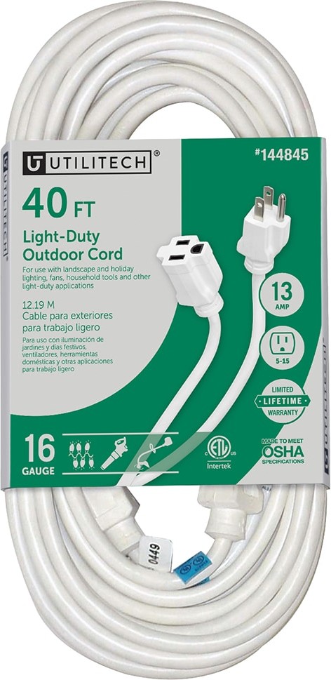 Outdoor 40-ft 16 / 3 3 Prong White Outdoor SJTW Light Duty General Extension Cord