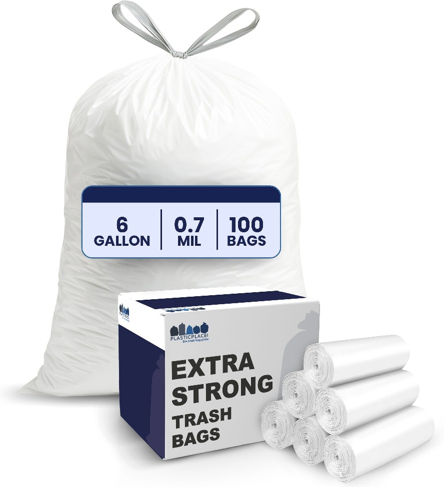 6-Gallon White Indoor Plastic Can Drawstring Trash Bag 100 -Count