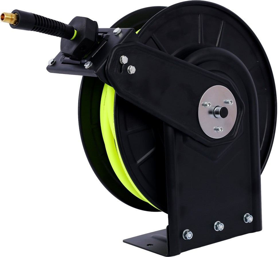 Retractable Air Hose Reel With 3/8-in Inch x 50' FtHeavy Duty Steel Hose Reel Auto Rewind PneumaticIndustrial Grade Rubber Hose300 PSIBlack