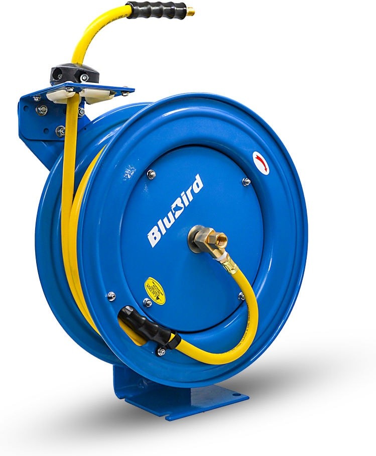 Heavy Duty Retractable Air Hose Reel with 3/8-in Class-A Rubber Air Hose, 3-ft Lead In Hose, Single Arm
