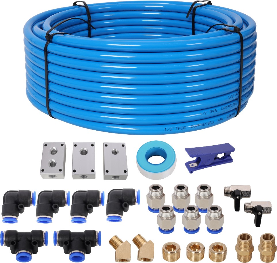 Air Push to Connect Kit: Complete 1/2-in (OD) / 3/8-in (ID) x 100-Feet TPEE Tubing Air Piping SystemBlue Tubing