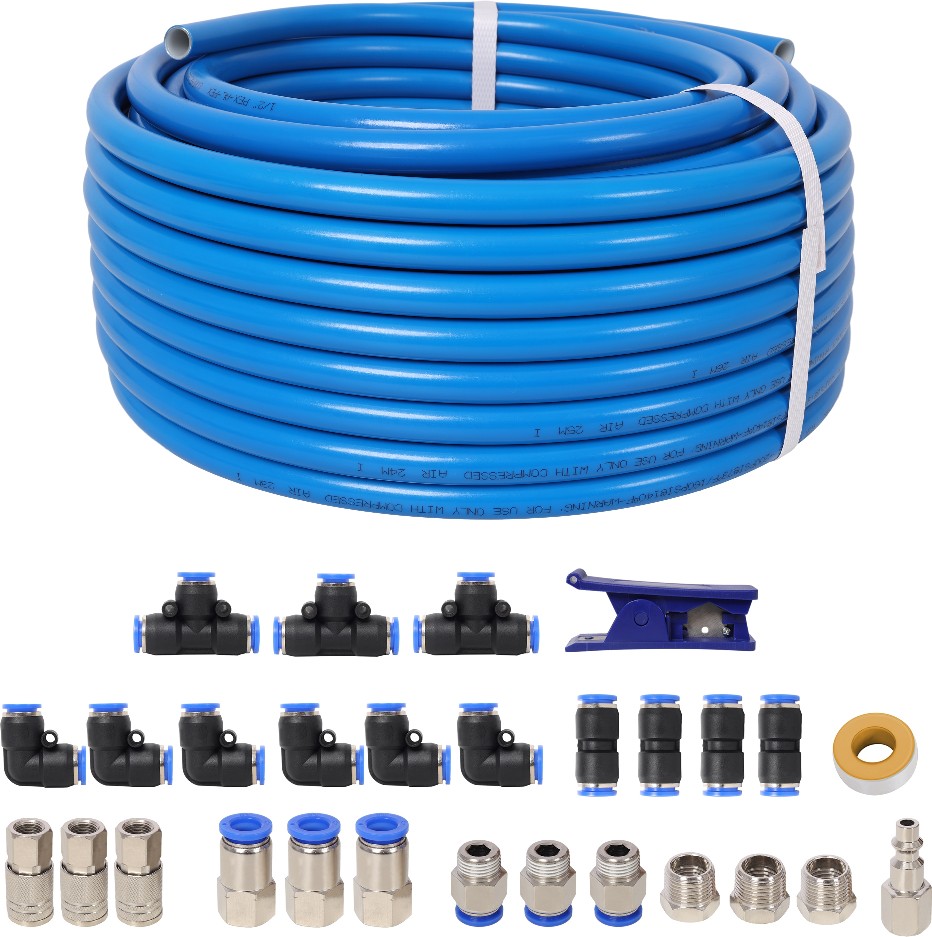 1/2 Inch ODÃ—60 Feet PU Air Tube KitGarage Air Compressor Accessories KitIndustrial Type Quick Connect Coupler and PlugBlue Tubing