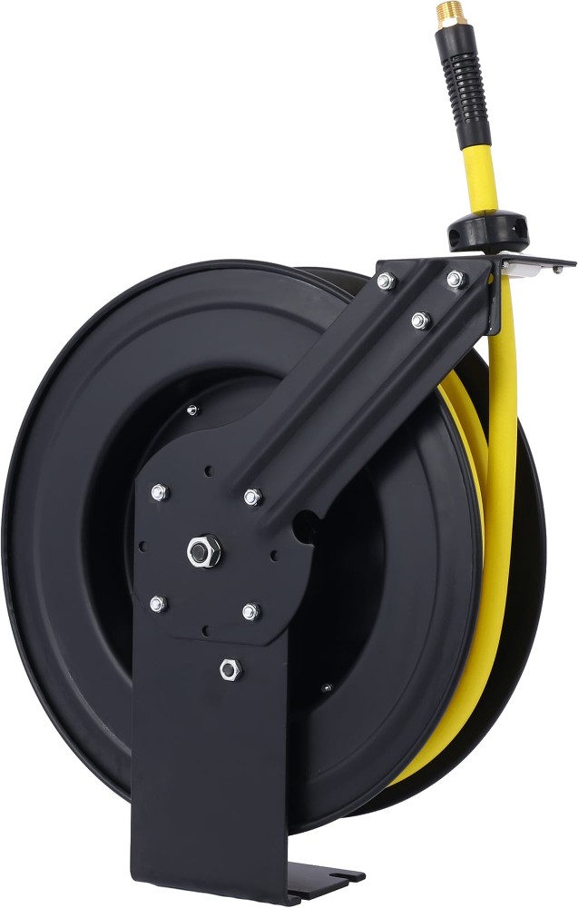 Retractable Air Hose Reel 1/2-in Inch x 50' Ft Auto Rewind Hose-Reel Heavy Duty Steel Air Hose Reel Industrial Grade Rubber Hose