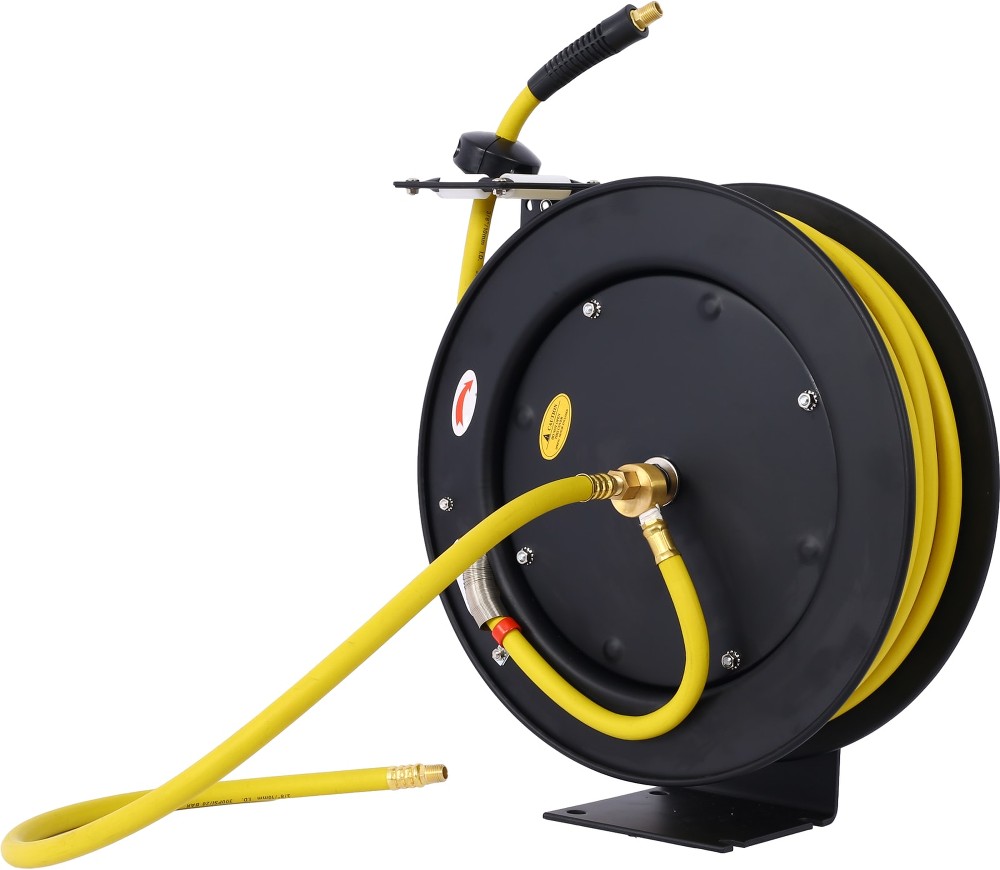 Air Hose Reel Retractable 3/8-in Inch x 50' Foot SBR Rubber Hose Max 300PSI Heavy Duty Industrial Steel Single Arm Construction