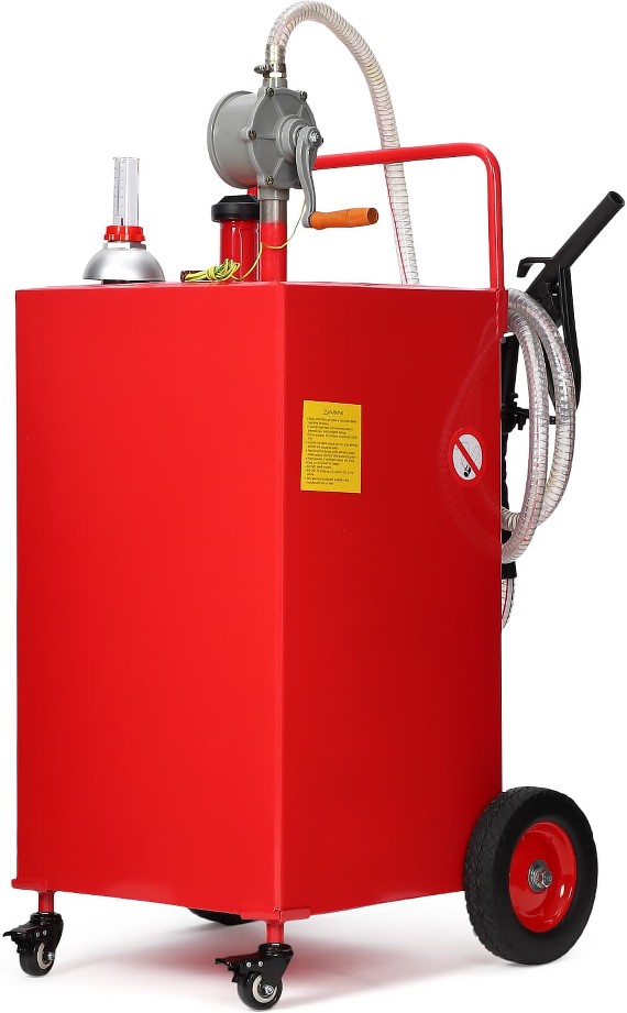 Fuel Caddy 35 Gallon Portable Gas Caddy on 4 Wheels with Manual Transfer Pump Gasoline Diesel Fuel Container for Cars Lawn Mowers ATVs Boats Red