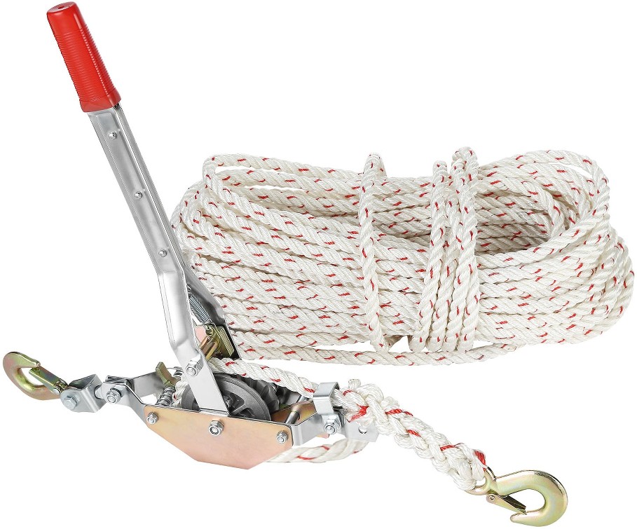Rope Puller- A Mighty Tool For Multiple Tasks. Boasting A 3/4 Ton (1.653 Lbs) Pulling Capacity. Equipped with 100' Of 0.6inch Dia. Rope and 2 Hooks