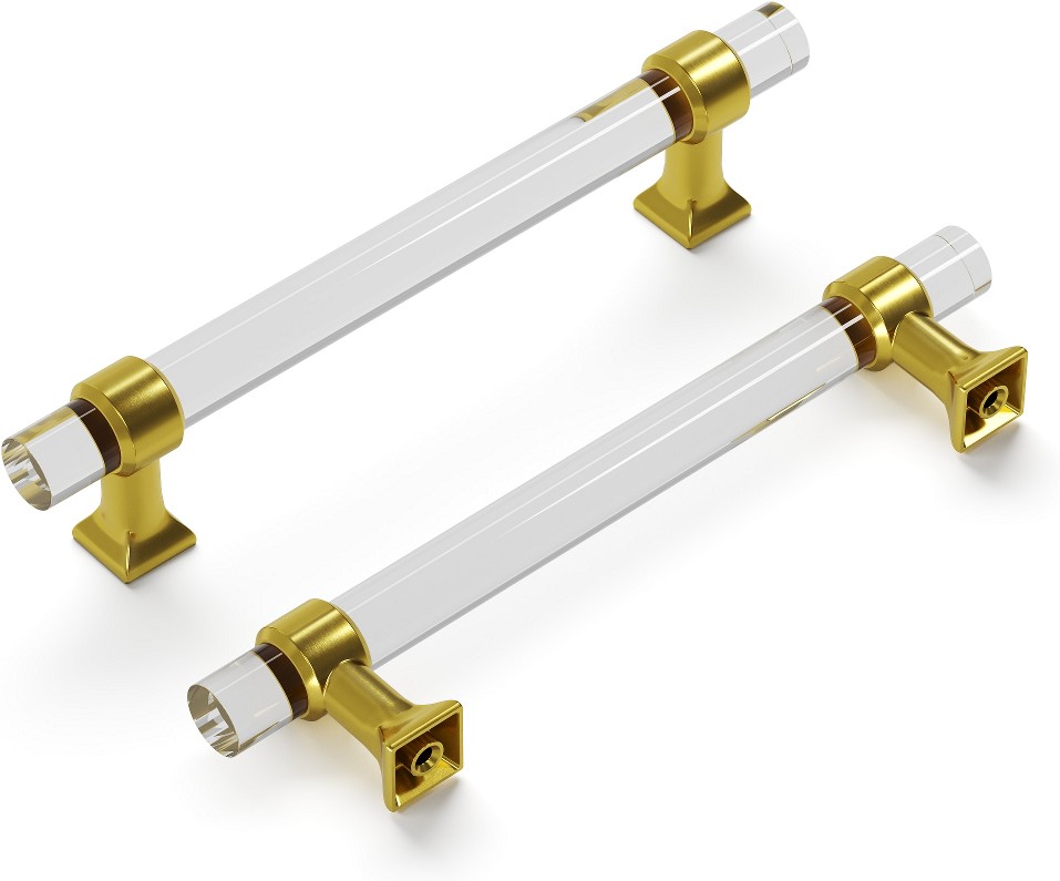 Crystal Palace 5-1/16-in , 128mm Center to Center Crysacrylic with Brushed Golden Brass Rectangular Bar Drawer Pulls