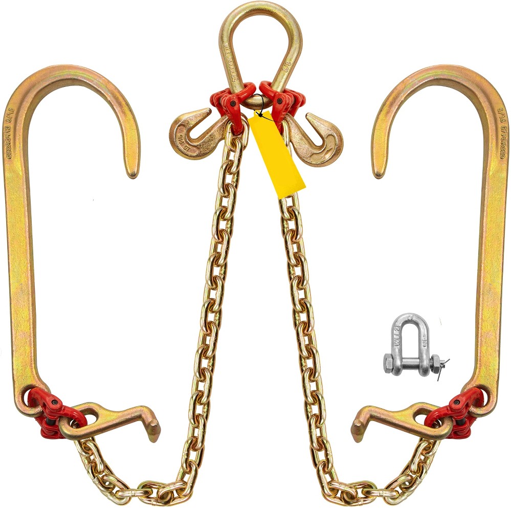 G80 V Bridle Chain 5/16 inch x 2 ft Towing Chain with J Hooks T Hooks and Grab Hooks 10800 lbs SWL for Flatbed Truck Wrecker Recovery
