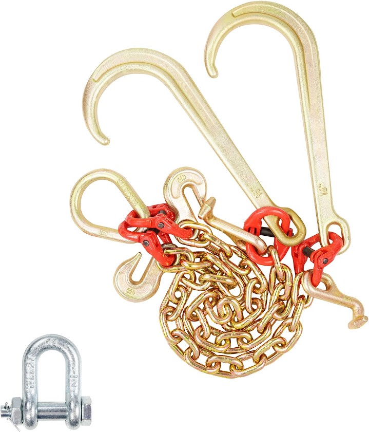 G80 V Bridle Chain 3/8 inch x 2 ft with 15 inch J Hooks T Hooks and Grab Hooks Heavy-Duty Tow Chain