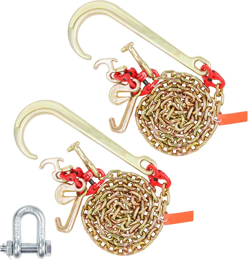 J Hook Chain 2-Pack 5/16 in x 6 ft G80 with 15 in Shank RTJ Cluster and Grab Hook 5400 lbs Load Capacity Heavy-Duty Tow Chain