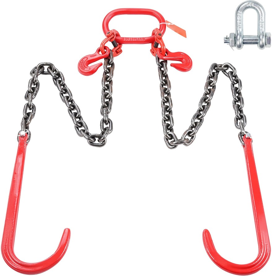 G80 V-Style Chain 3/8 in x 3 ft Bridle Chain with 15 in J Hooks and Grab Hooks Durable Tow Chain