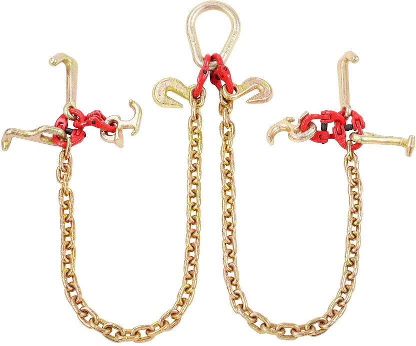 G80 V Bridle Chain 3ft 5/16in Towing Chain with R T J and Grab Hooks 10800 lbs Load Capacity