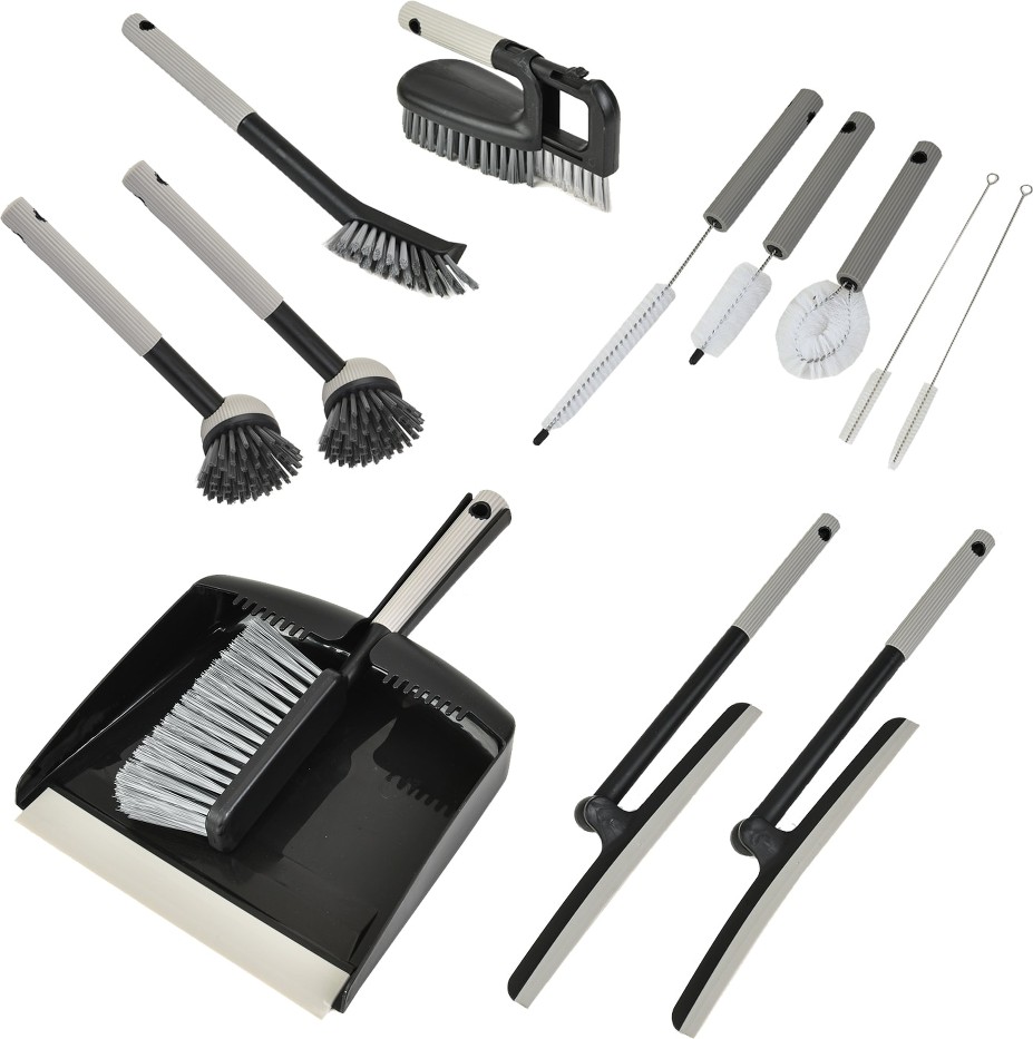 Trio Home 12PC Cleaning Bundle Set Brush Gap Brush Set Bottle And Brush Straws Small Dustpan and Brush Set Rotating Squeegee Soft Comfort Handle