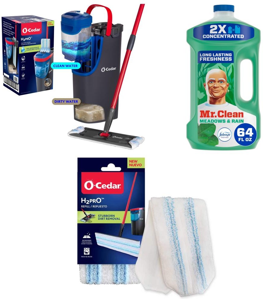 Wringing Flat Mop with Bucket, Mr. Clean Meadows and Rain Liquid All-Purpose Cleaner, and Microfiber Refill Pad