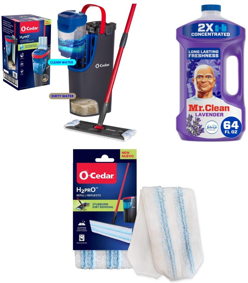 Wringing Flat Mop with Bucket, Mr. Clean Lavender All-Purpose Cleaner, and Microfiber Refill Pad