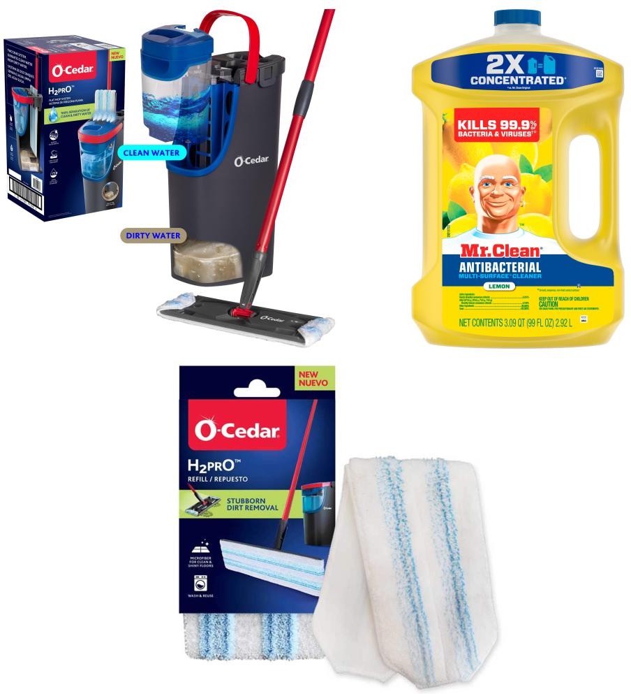 Wringing Flat Mop with Bucket, Mr. Clean Lemon All-Purpose Cleaner, and Microfiber Refill Pad