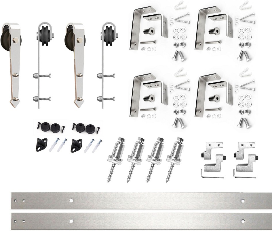 60-in Brushed Brushed Nickel Indoor Arrow Double bypass Barn door hardware kit