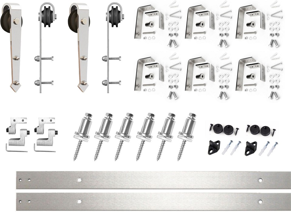90-in Brushed Brushed Nickel Indoor Arrow Double bypass Barn door hardware kit
