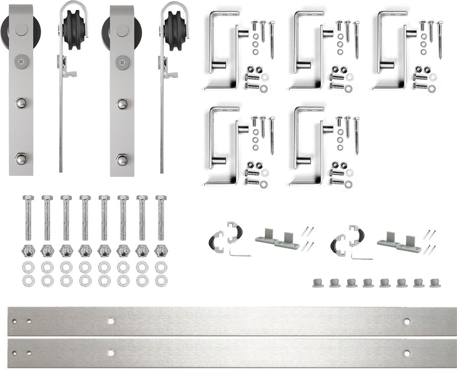 79-in Brushed Brushed Nickel Indoor J-strap Double bypass Barn door hardware kit
