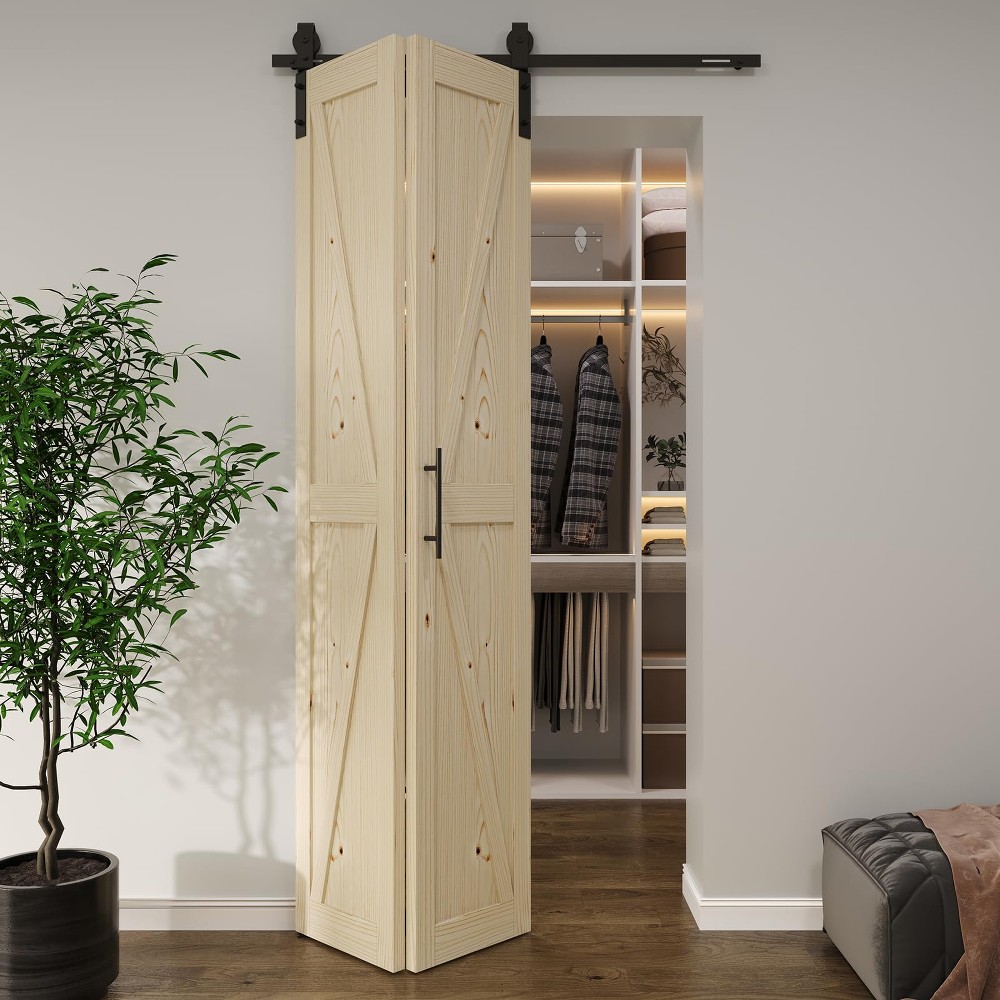30 inch x 84 inch Solid Core Brown Finished Pine Wood Bi Fold Door with Hardware Track Kit