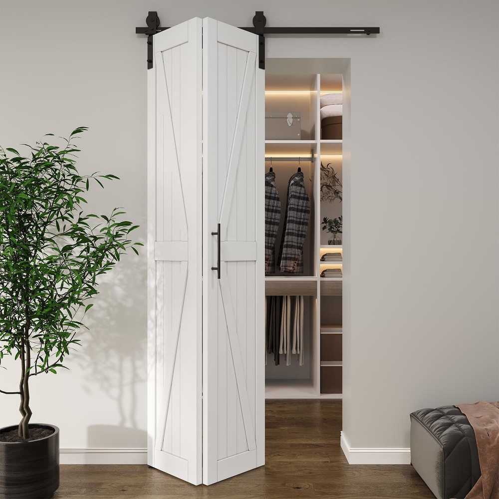 30 inch x 84 inch Solid Core White Finished Pine Wood Bi Fold Door with Hardware Track Kit