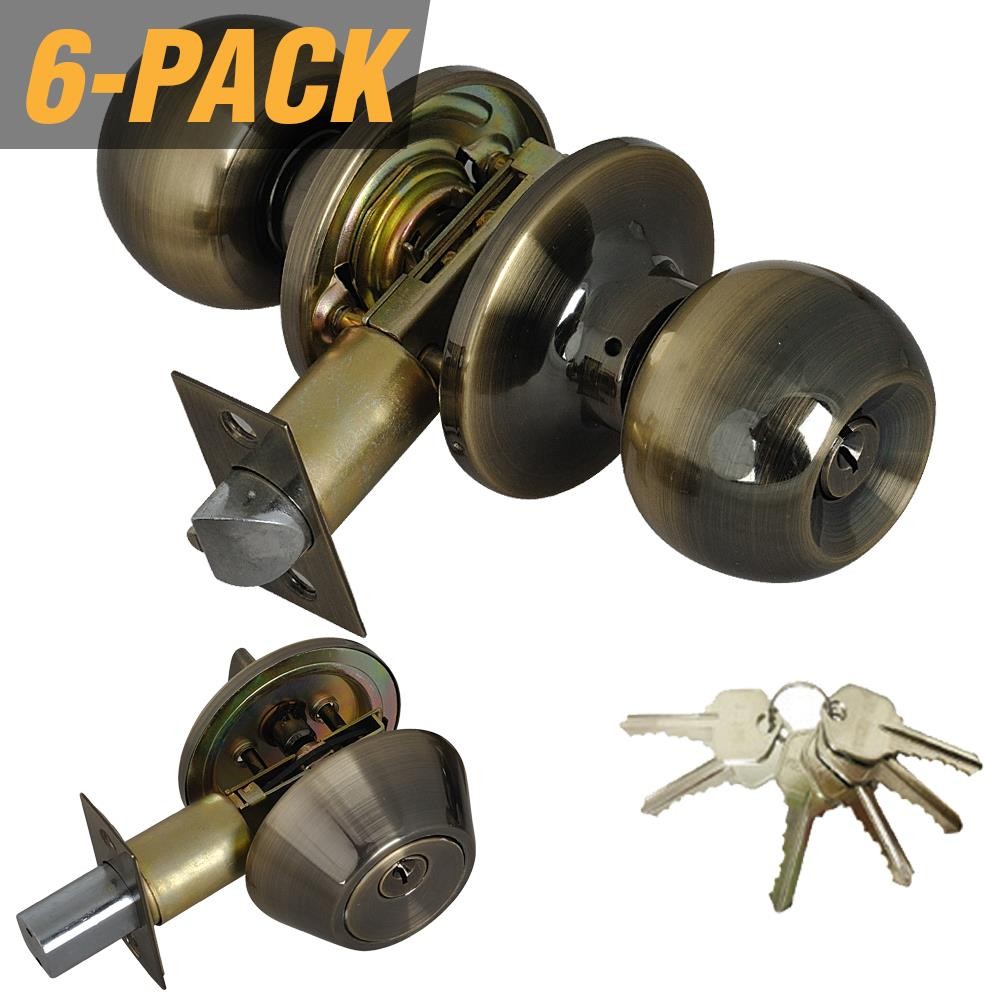Keyed Alike Entry Door Antique Brass Exterior Single-Cylinder Keyed Entry Door Knob Combo Pack 6 -Pack