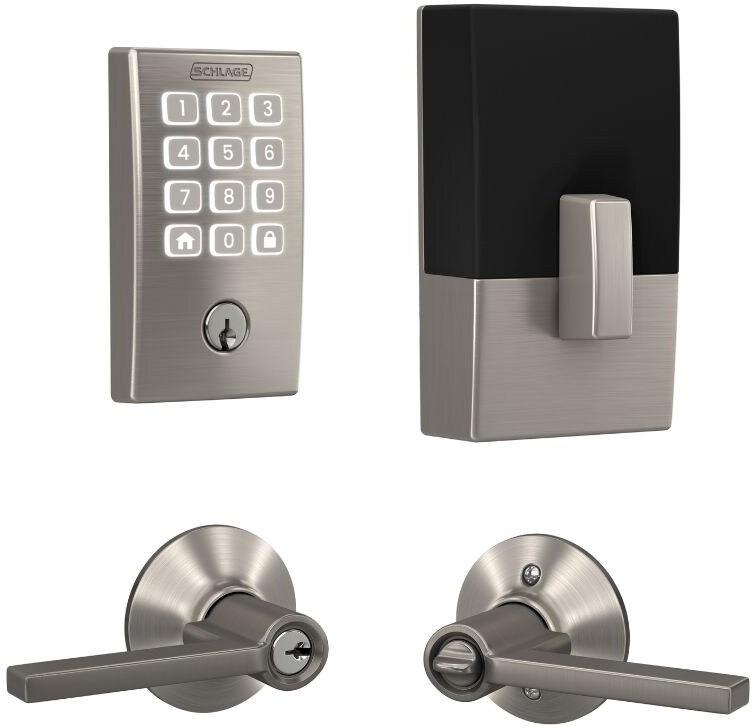 Arrive Century Satin Nickel Electronic Deadbolt and Latitude Keyed Entry Door Handle Bundle
