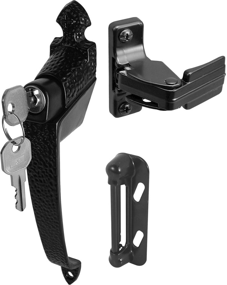 Outside handle, inside handle, strike, 2 keys and fasteners Black Lockable Screen/Storm door Replacement Handleset
