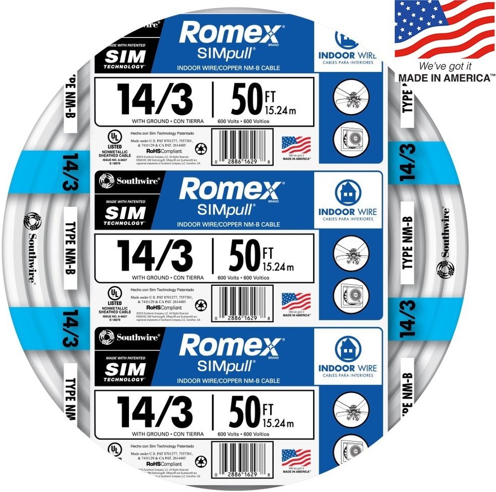 50-ft 14 / 3 / Romex SIMpull Solid Indoor CU NM-B W/G Individual pack ( By-the-roll )