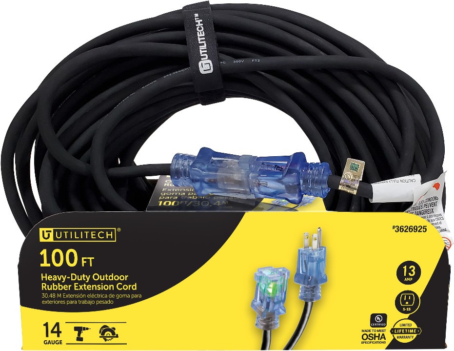 Rubber Cords 100-ft 14 / 3 3 Prong Black Indoor/Outdoor SJOOW Heavy Duty Lighted Extension Cord