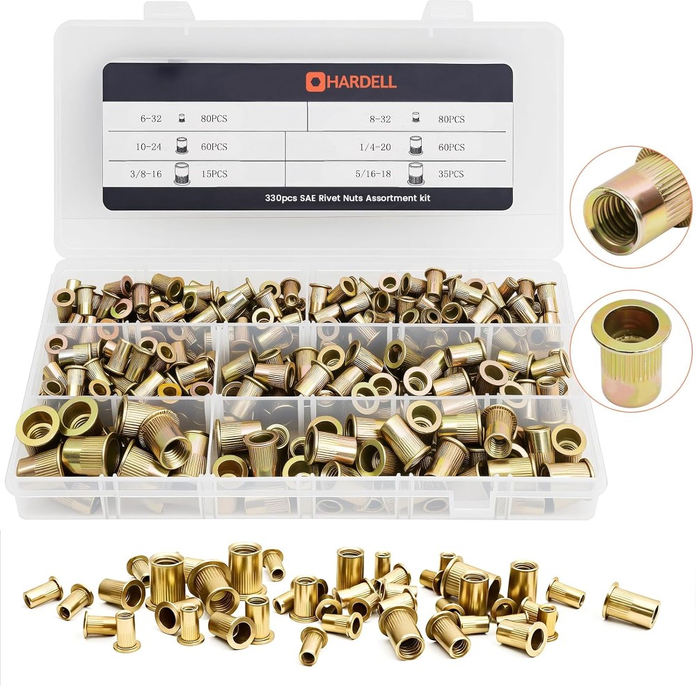 330-Piece Carbon Steel Rivet Nut Assortment Kit Flat Head Nutsert Set with Durable Storage Case for Home Automotive Marine and Industrial Use